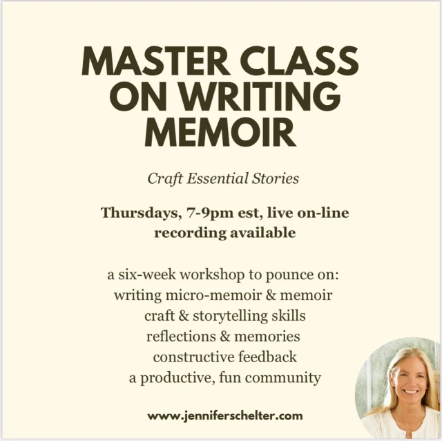I’m excited to offer a Master Class, On Writing Memoir, 
Thursday evenings, April 24, May 1, 8, 15, 22, 29, 7-9 pm EST on Zoom (six weeks). 
.
Don’t struggle writing alone. 
.
With a strong structure you have time, editorial support, and a craft tools to write.
.
In this course you will break through the biggest impediment to writing memoir and personal stories: 
not having a strong container to shape your stories and get nurturing feedback. 
.
Enjoy a strong structure.

*Prerequisite, you must have attended a previous memoir course with Jennifer. 
.
Recordings available.
.
Learn more, click the link below the bio. 
.
.
.
#writer #writing #memoir #writersofinstagram #memoir #jenniferschelter #write